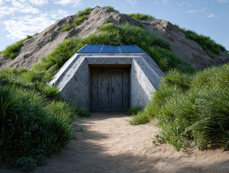 Earth-sheltered concrete doorway on a grassy hill with solar panels on top and a sandy path leading to it