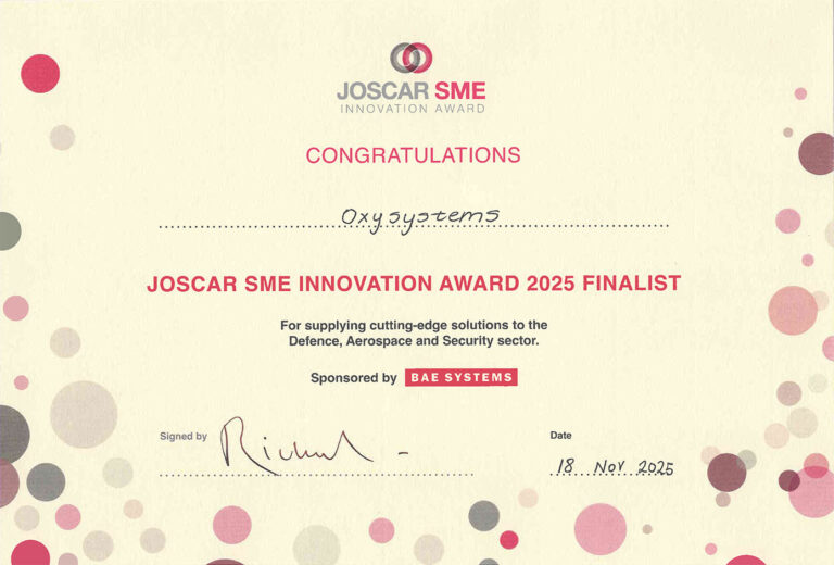 Certificate showing Joscar SME Innovation Award 2025 Finalist for Oxysystems, with sponsor BAE Systems, signature line and date edge left.