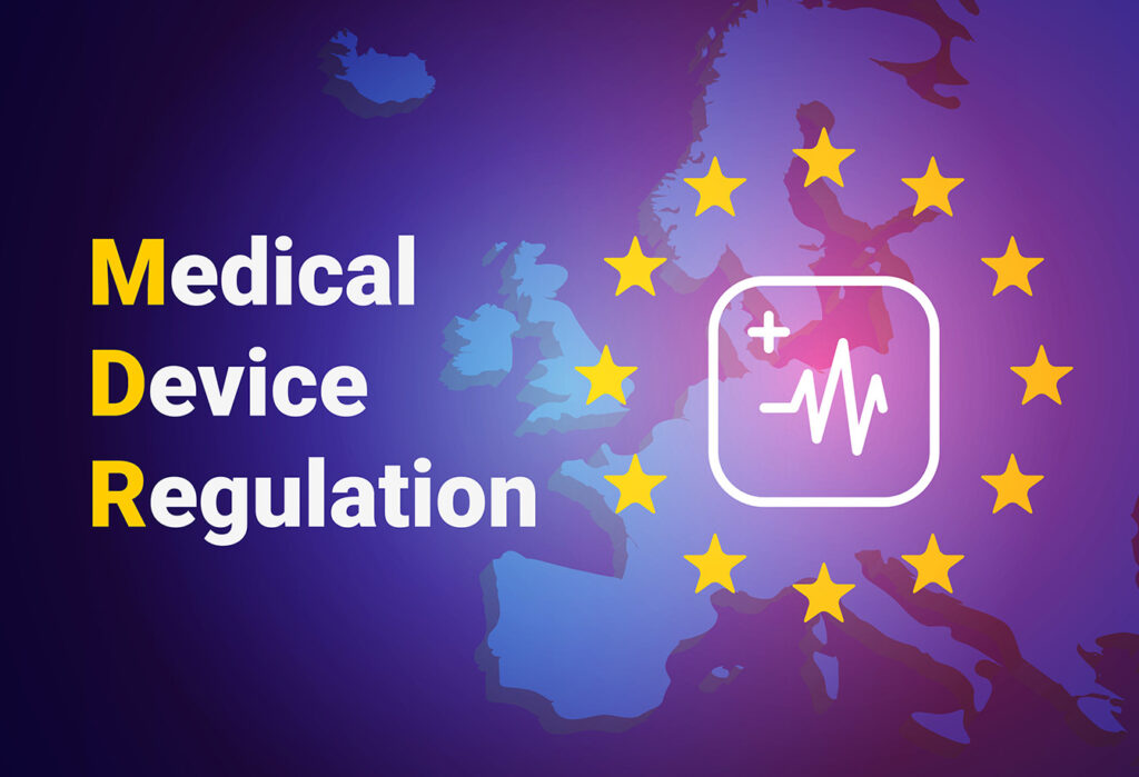 EU map with yellow stars around a white rounded-medical-icon (plus and heartbeat) symbolizing Medical Device Regulation (MDR) in Europe