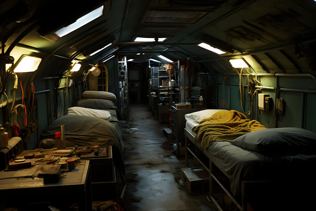 Dimly lit cargo plane interior converted into a dorm with rows of beds along both walls and scattered equipment.